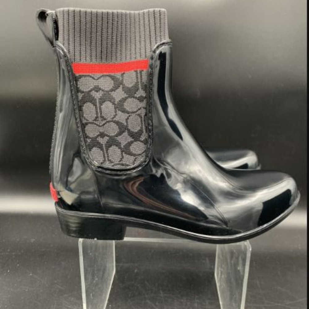 Coach Black Patent Chelsea Rain Boots with Signature Logo Knit and Red Trim - Picture 2 of 5